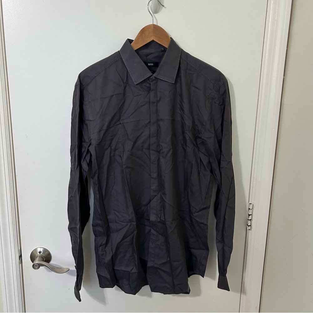 Hugo Boss Men’s Slim Fit Long Sleeve Button-Up Shirt Gray Size 16